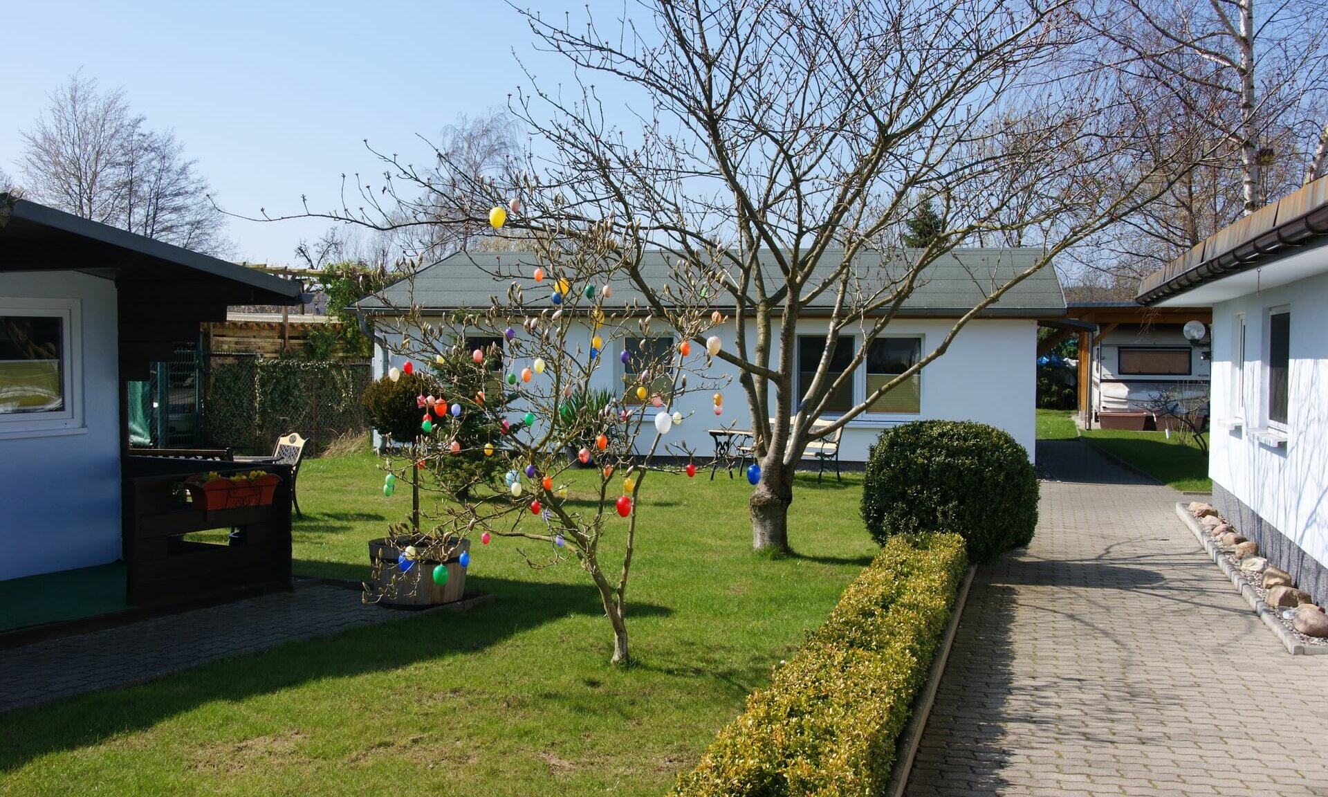 Outdoor pension area at Easter, decorated tree, meadow - Rügen, Binz